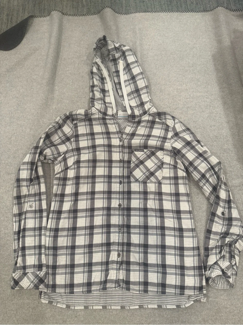 Wonens, Columbia, small-Plaid Hooded Button-Up Shirt - Gray & White - Picture 1 of 3
